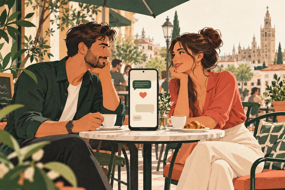 Ilustración de dos adultos en una terraza y un móvil con símbolos de conversación
